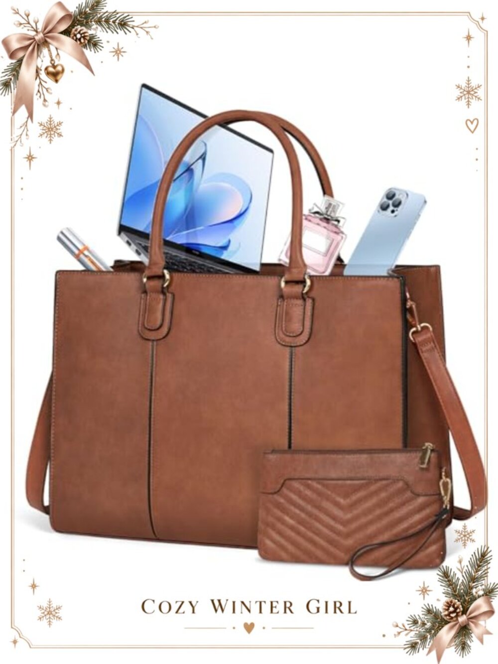 PU Leather Laptop Tote Bag 15.6 Inch Messenger Shoulder Bag for Work